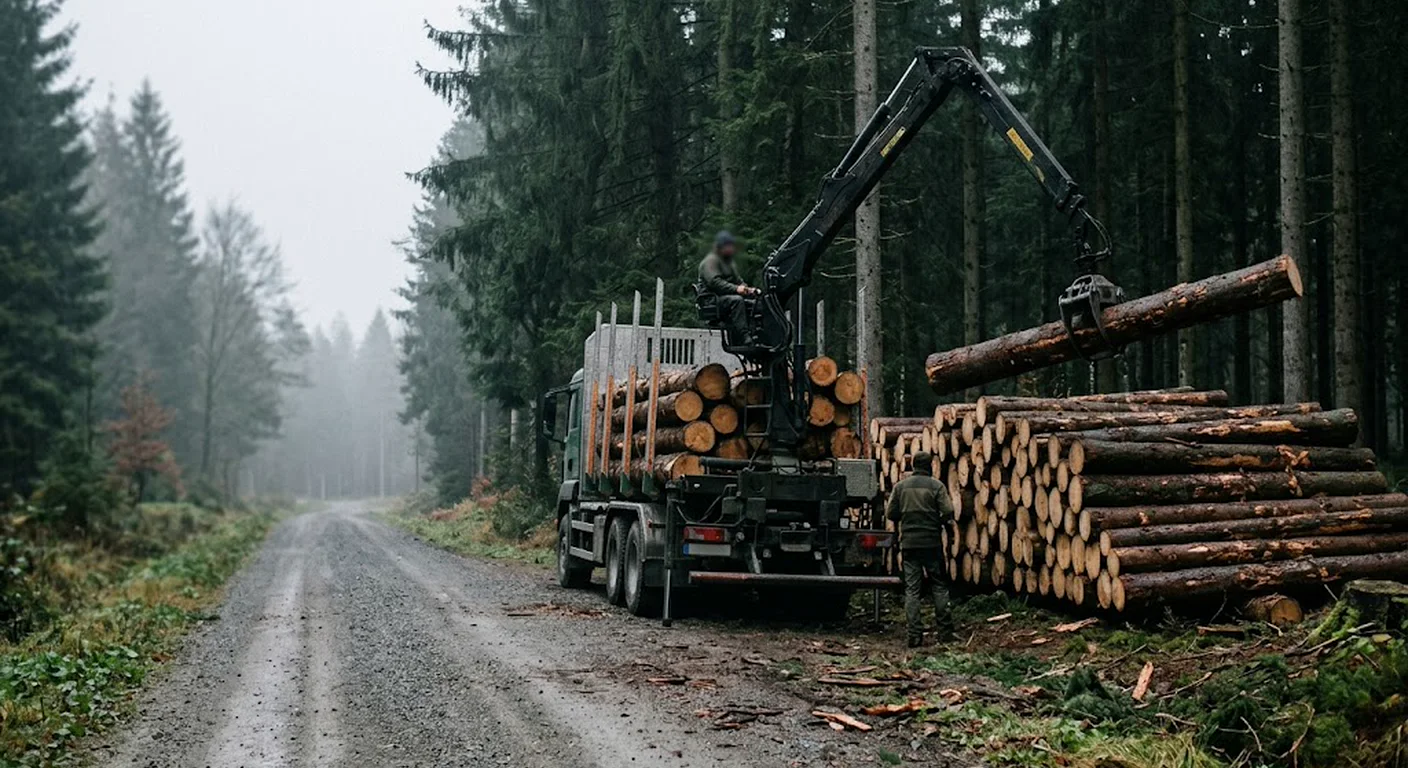 Holztransporter wird am Holzpolter beladen