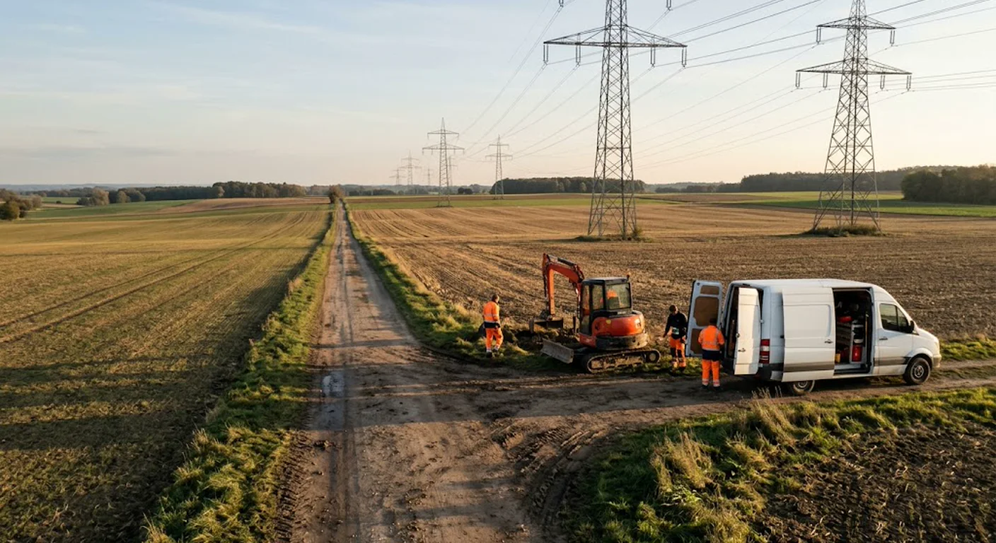 Leitungsbautrupp auf einem Feldweg entlang einer Hochspannungsleitung