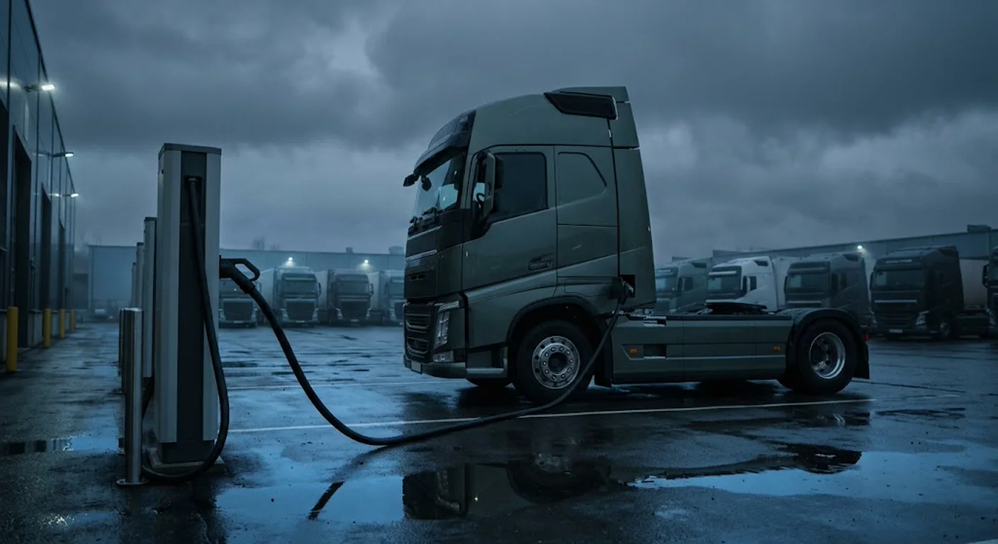 Elektro-Lkw am Ladepunkt im Depot bei Dämmerung