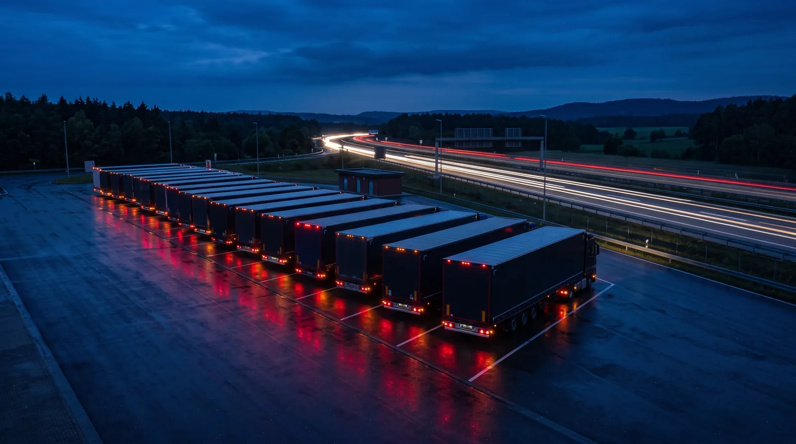 Lkw-Rastplatz an der Autobahn in blauer Dämmerung, Sattelzüge mit Standlicht auf nassem Asphalt