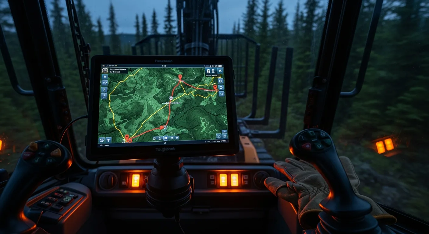 Fahrzeugkabine mit Routenkarte auf robustem Tablet in der Dämmerung