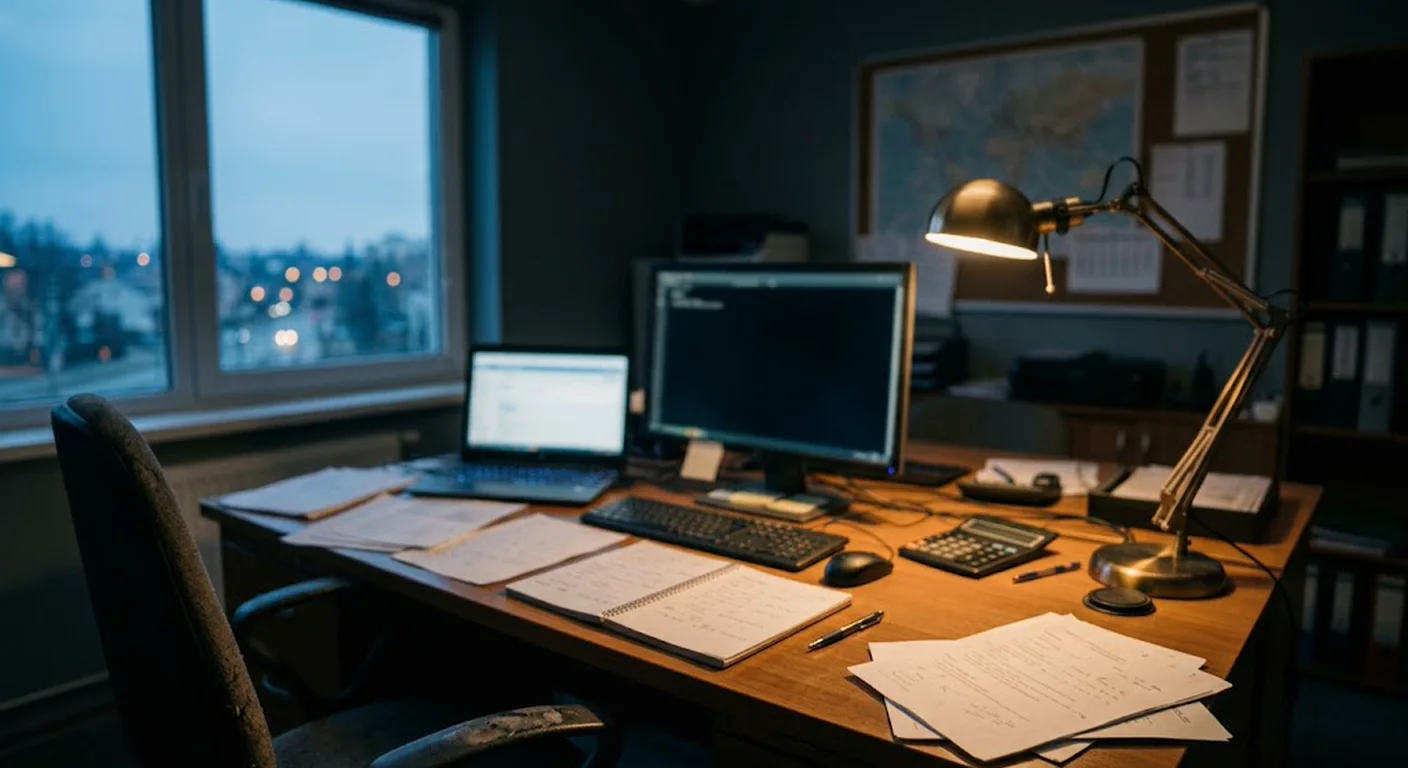 Dispositionsarbeitsplatz mit Papierlisten, Notizen und Bildschirmen im Morgengrauen