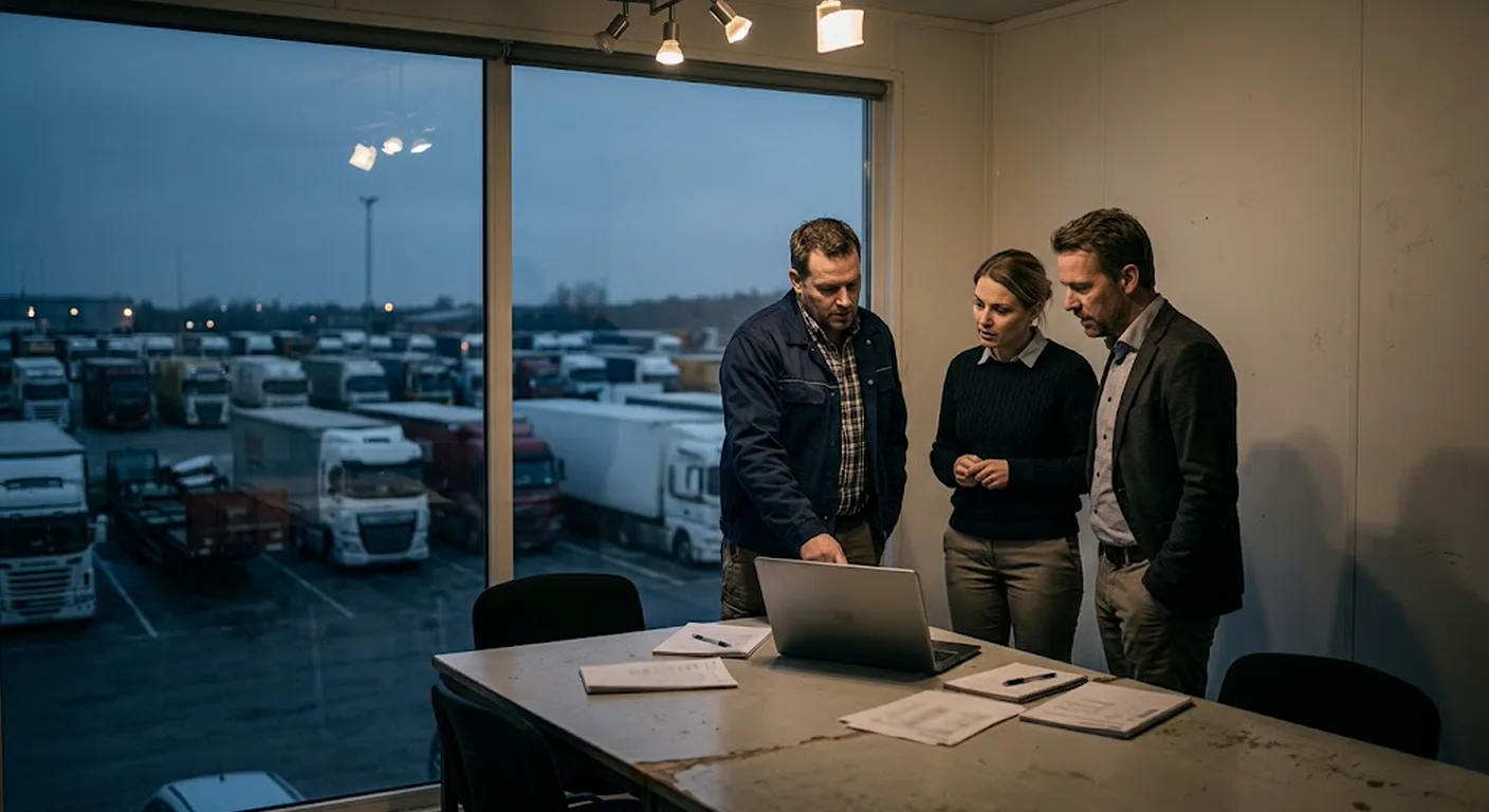 Fuhrparkleitung, Disposition und Geschäftsführung vergleichen Planungssoftware vor dem Lkw-Hof