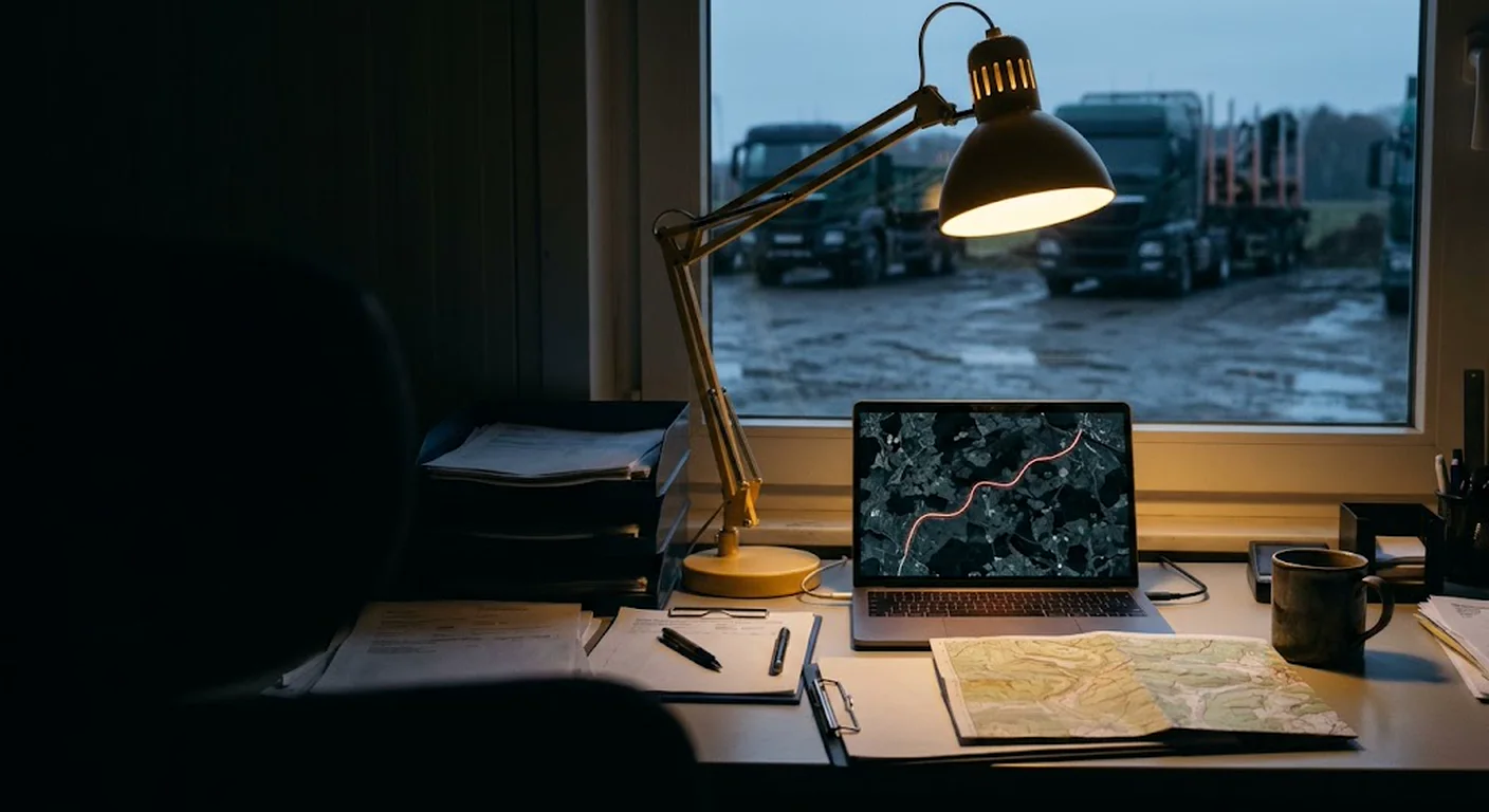 Disponentenplatz in einem ländlichen Betriebsbüro mit Satellitenkarte und Routenlinie auf dem Laptop