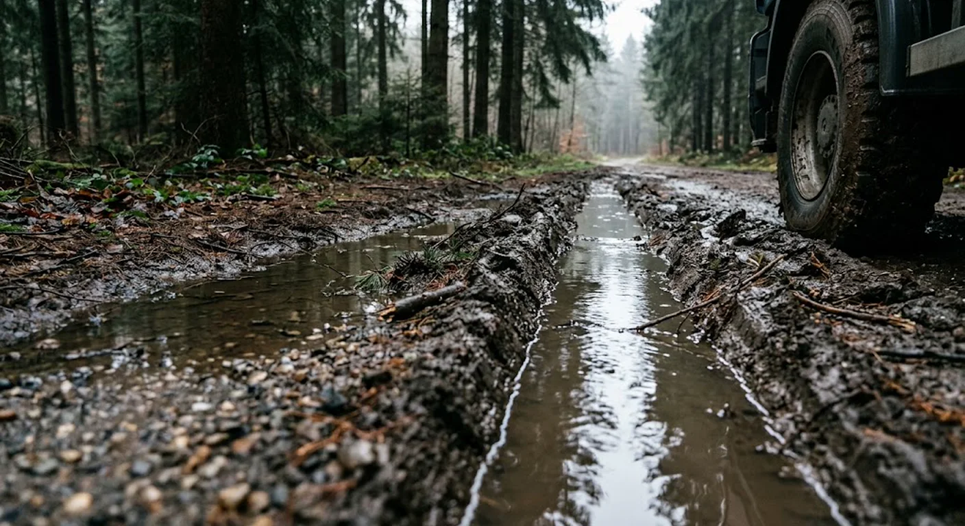 Tiefe Reifenspuren auf einem nassen Waldweg nach Regen