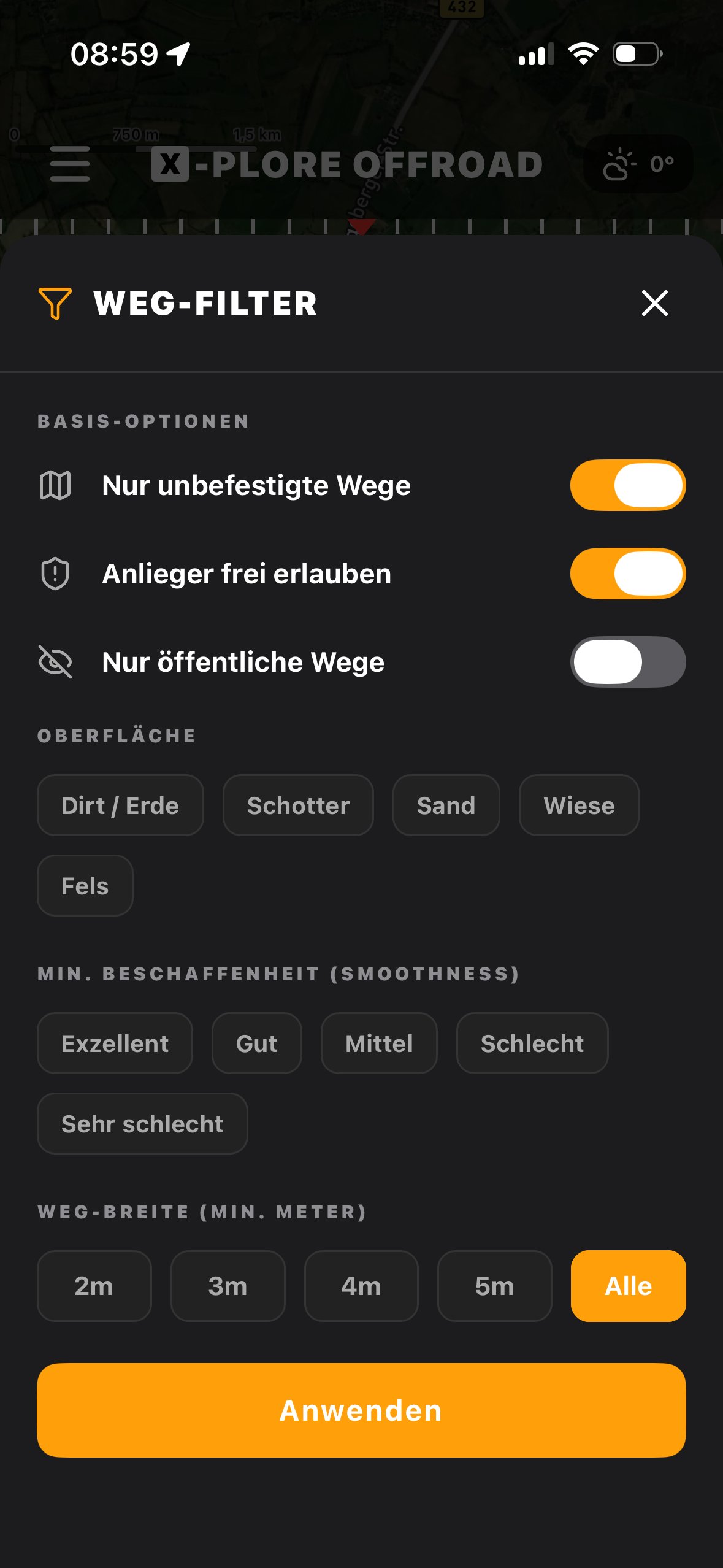 X-PLORE Wegfilter auf dem Smartphone